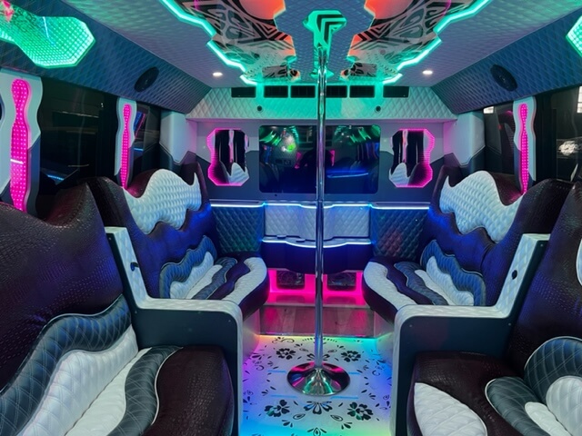 Party bus with comfortable seating